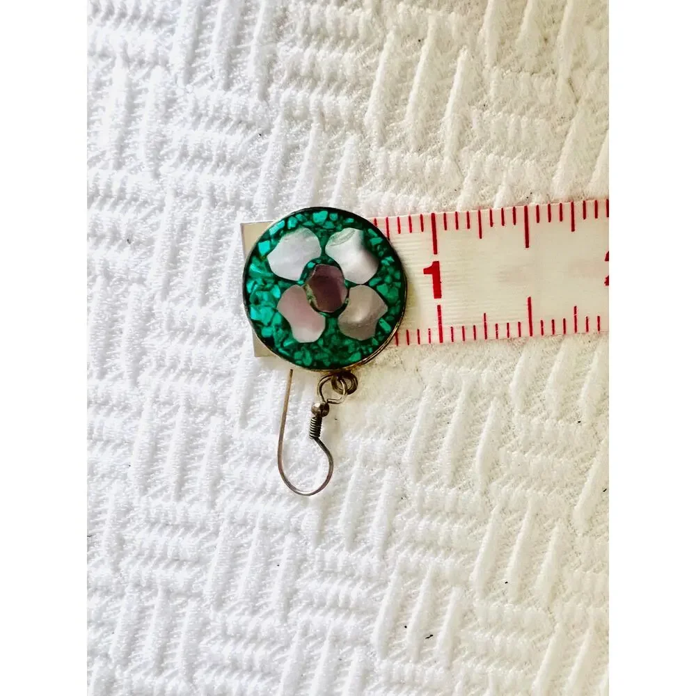 Vintage Mexican Alpaca Earrings Turquoise Abalone Inlay Round Floral Design - Picture 4 of 6